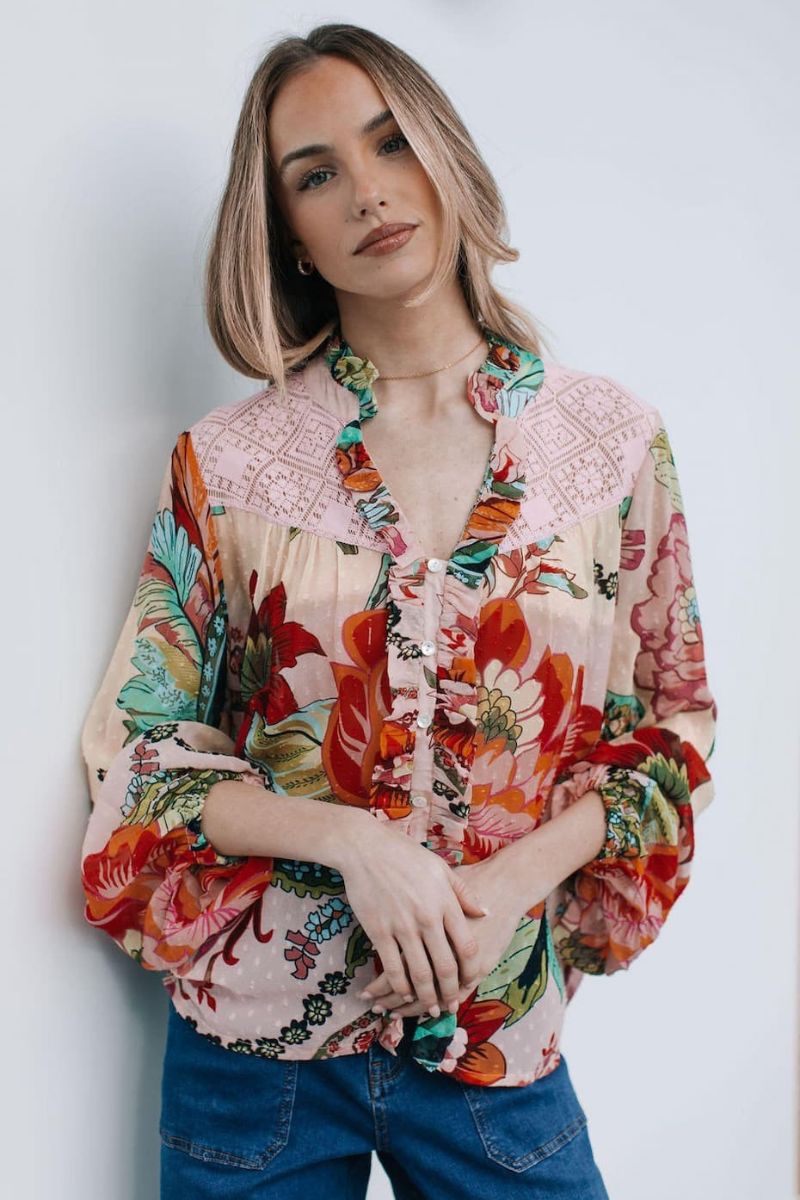 St Tropez Floral blouse with lace trim
