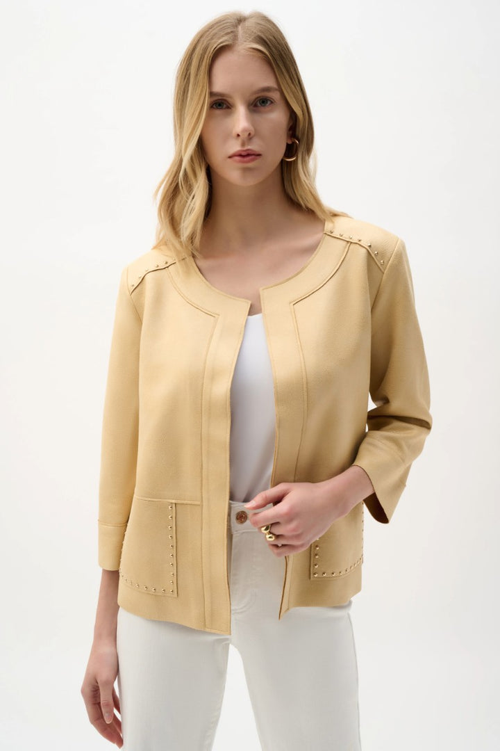Foiled Scuba Suede Boxy Jacket in Flax by Joseph Ribkoff in Flax / XS