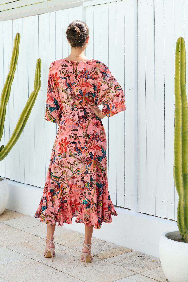 Woman wearing COL25-171 Sunshine Godet Long Dress Multi Colour back view