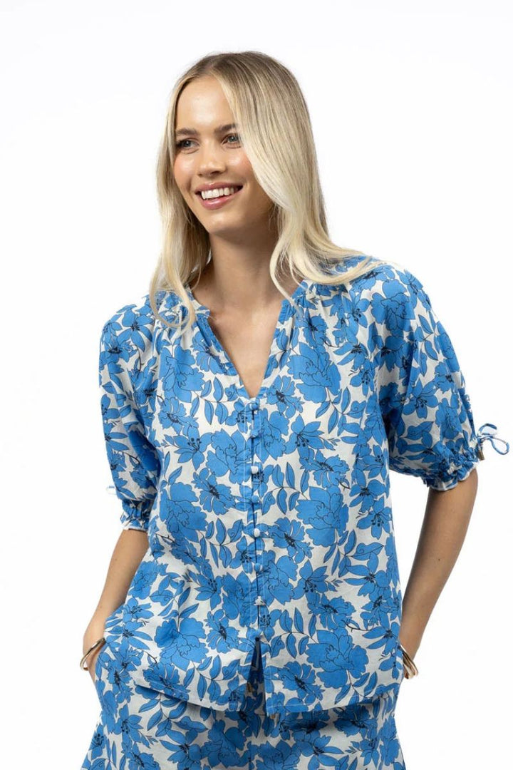 Fleur Blouse in Blue and Stone by Humidity Lifestyle in XS