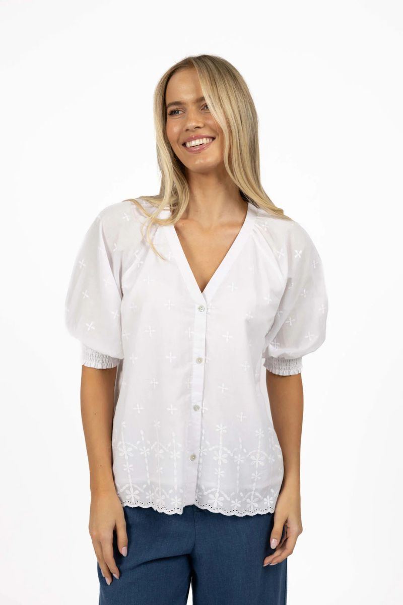 Woman wearing Humidity Lifestyle HS25306 Chloe Blouse White front view