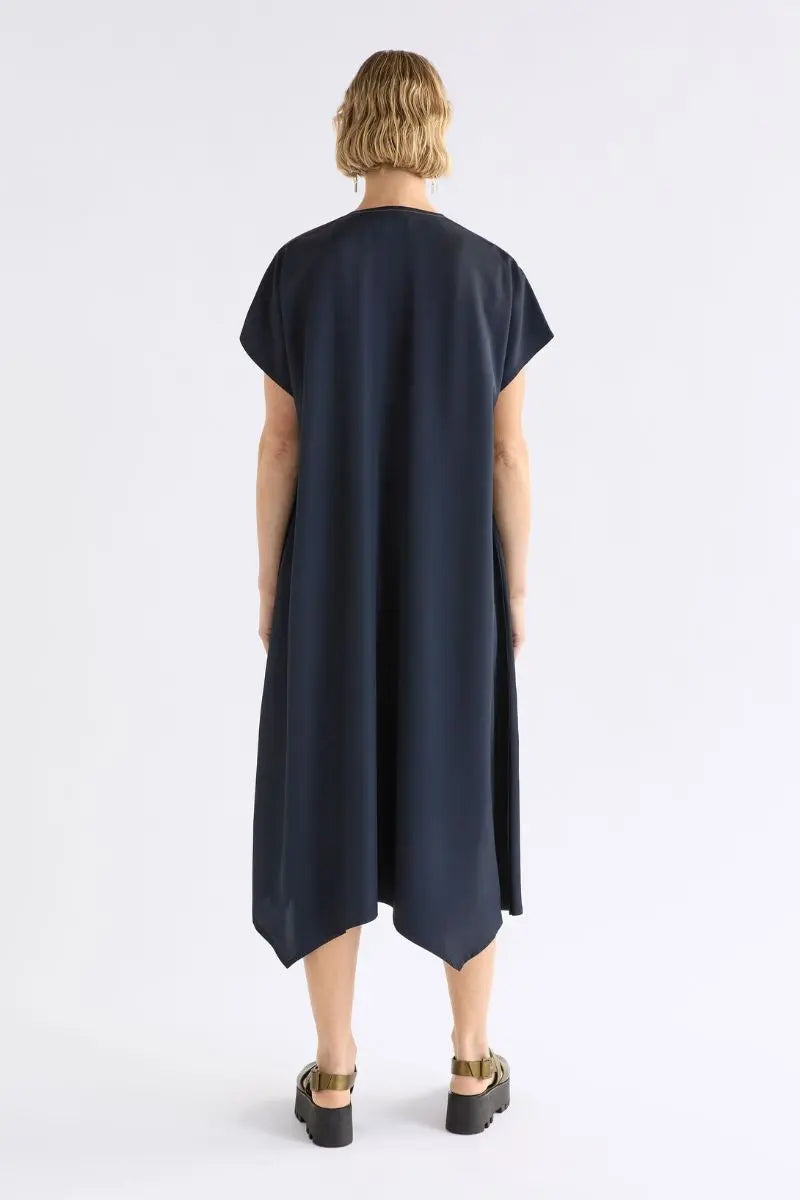 Person wearing Hullu dark blue dress back view on a white background