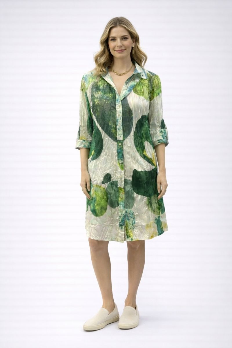 Woman wearing green abstract Jiji shirt dress by Dress Addict JIJI-5AK-5A front view