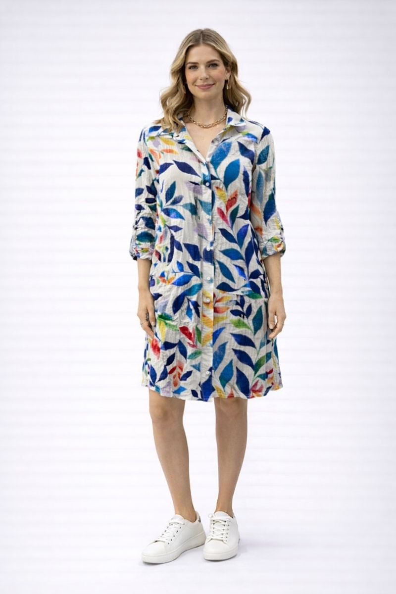 Woman wearing Jiji shirt dress in blue floral print by Dress Addict JIJI-5AK-5B front view