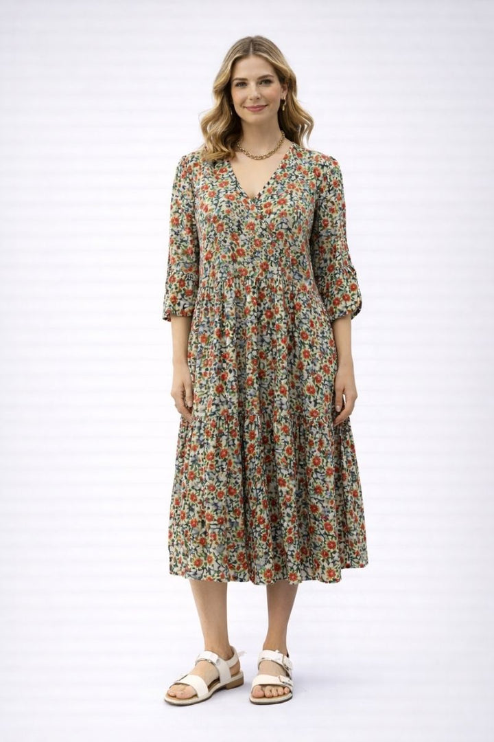 Woman wearing 3/4 sleeve V neck midi dress by Dress Addict JOK-500-509 front view