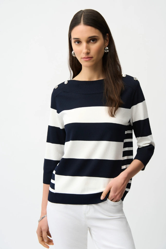 Woman wearing Joseph Ribkoff 261963 Viscose Blend Stripe Print Long Sleeve Sweater in Midnight Blue Vanilla front view