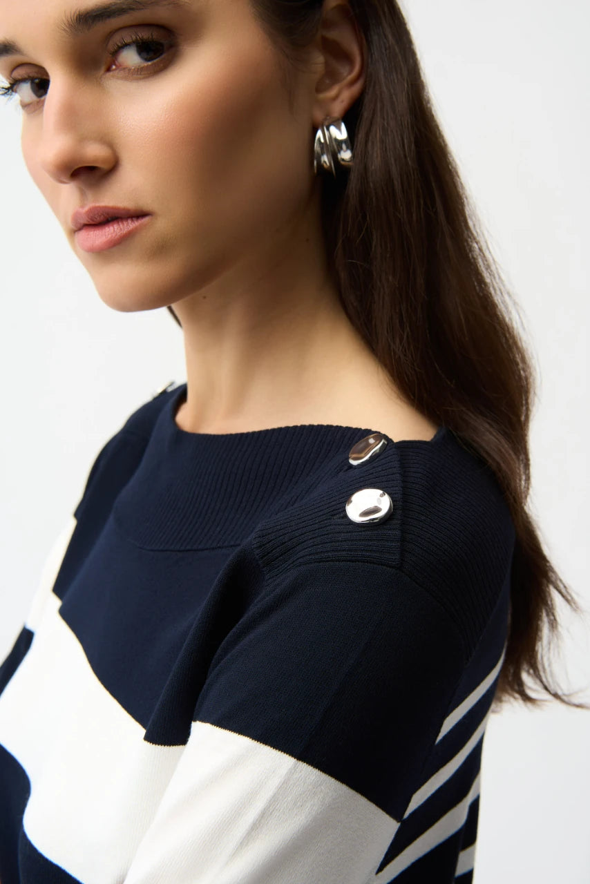 Woman wearing Joseph Ribkoff 261963 Viscose Blend Stripe Print Long Sleeve Sweater in Midnight Blue Vanilla shoulder detail