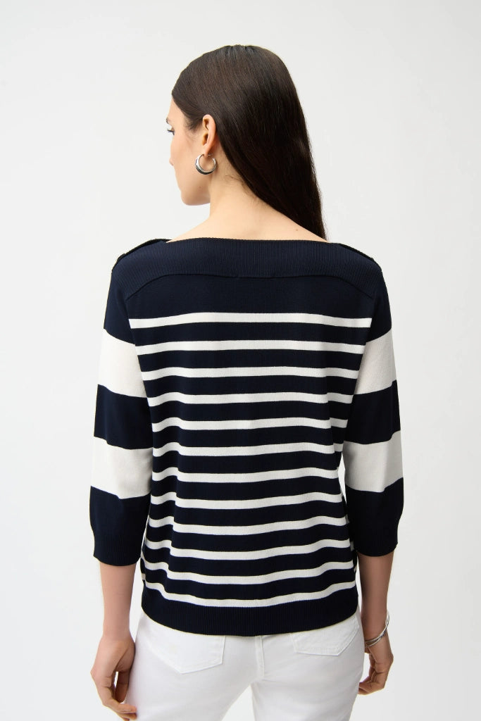 Stripe Print Long Sleeve Sweater with Boat Neckline by Joseph Ribkoff 261963 in Vanilla Midnight Blue / M