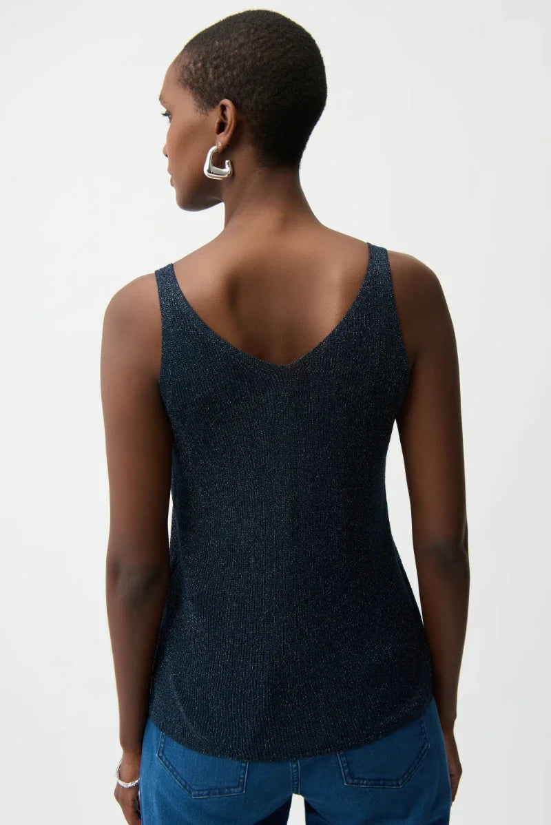 Woman wearing Joseph Ribkoff 252915S26 Metallic Knitted Camisole with Rhinestones in Midnight Blue back view