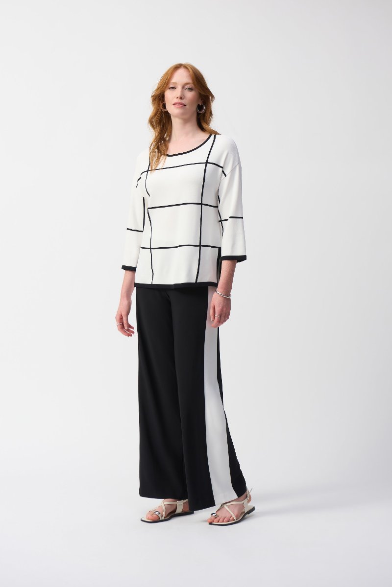 Plaid Sweater Knit Pullover in Vanilla & Black 251918 With a wide leg pant