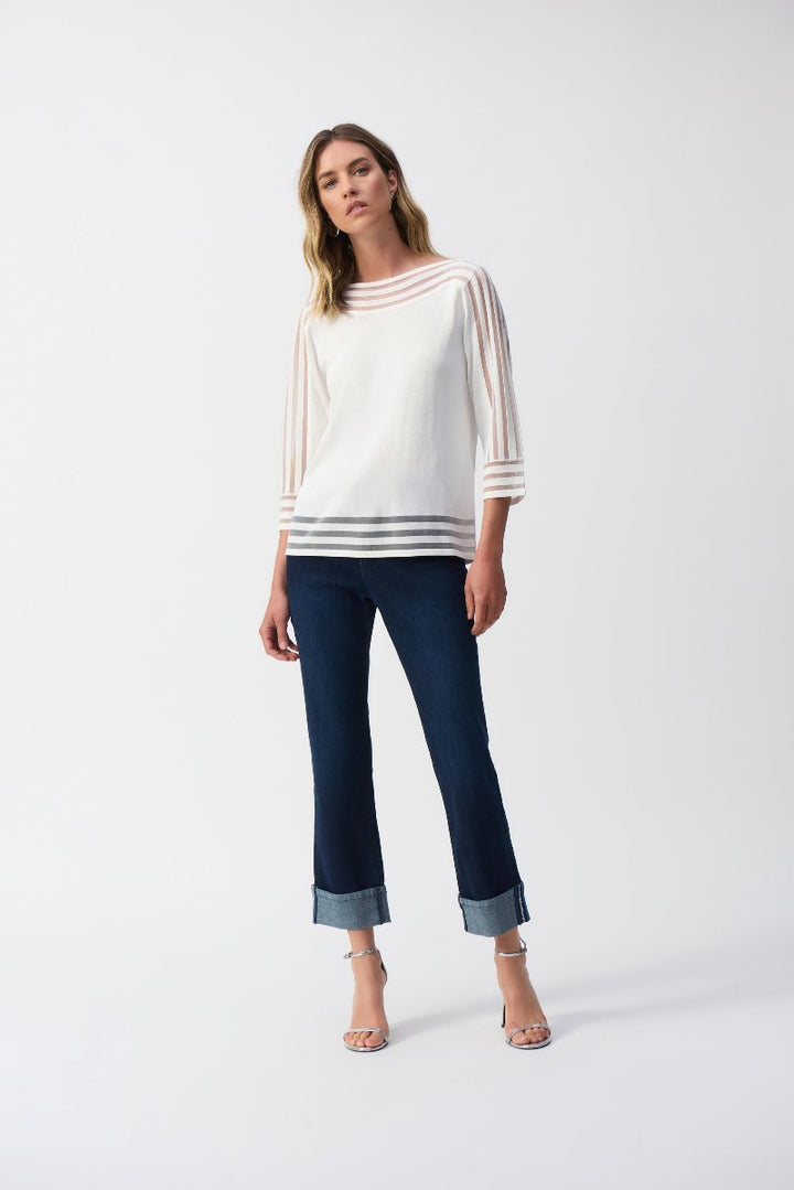 Sweater Knit Pullover with Mesh Stripe Detail in Vanilla 251946 by Joseph Ribkoff Works Perfectly back with Jeans 