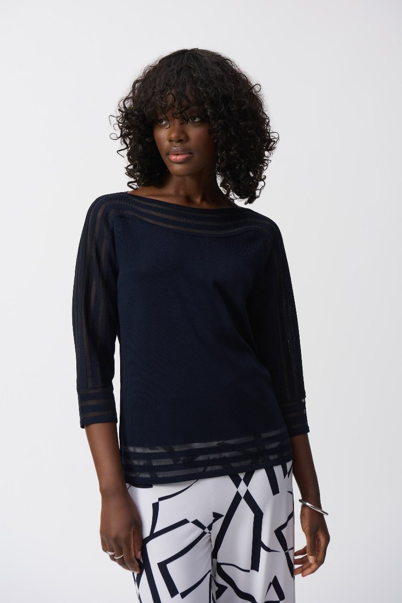 Sweater Knit Pullover with Mesh Stripe Detail in Midnight Blue 251946 by Joseph Ribkoff Front View