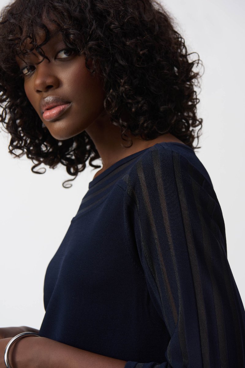 Sweater Knit Pullover with Mesh Stripe Detail in Midnight Blue 251946 by Joseph Ribkoff Close up side view