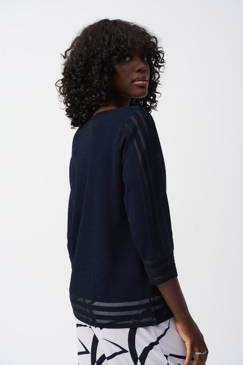 Sweater Knit Pullover with Mesh Stripe Detail in Midnight Blue 251946 by Joseph Ribkoff Rear side view 