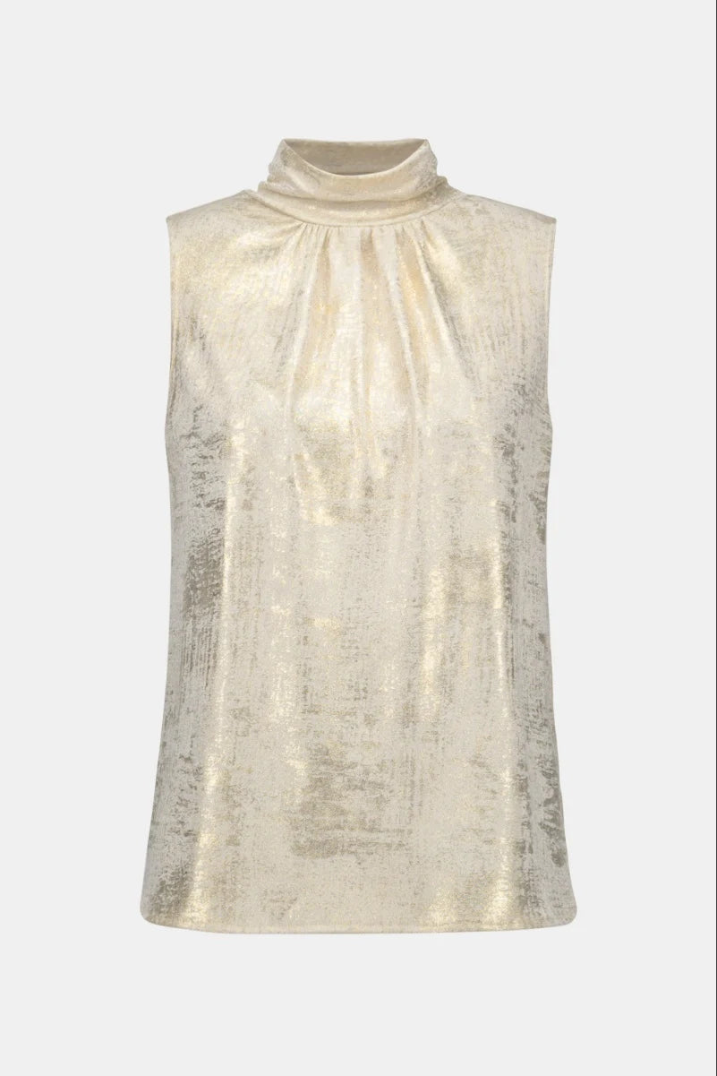 Joseph Ribkoff 261008 Foiled Knit Straight Sleeveless Top mock neck shirring detail in Ivory Gold