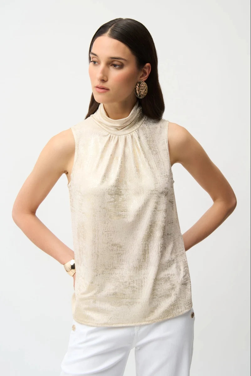 Foiled Knit Straight Sleeveless Top in Ivory/Gold 261008 by Joseph Ribkoff