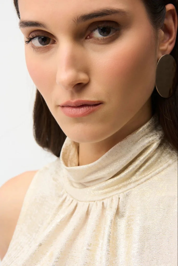 Joseph Ribkoff 261008 Foiled Knit Straight Sleeveless Top neckline detail in Ivory Gold