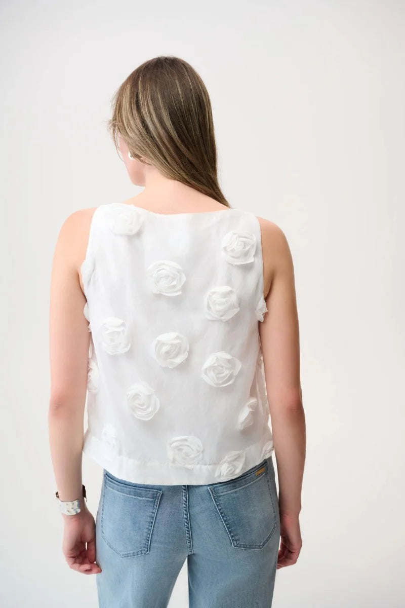 Back view of woman wearing Novelty Sleeveless Top With 3D Floral Embroidery 261220 and Goldie Classic Wide Leg Jeans 251968S26 by Joseph Ribkoff 