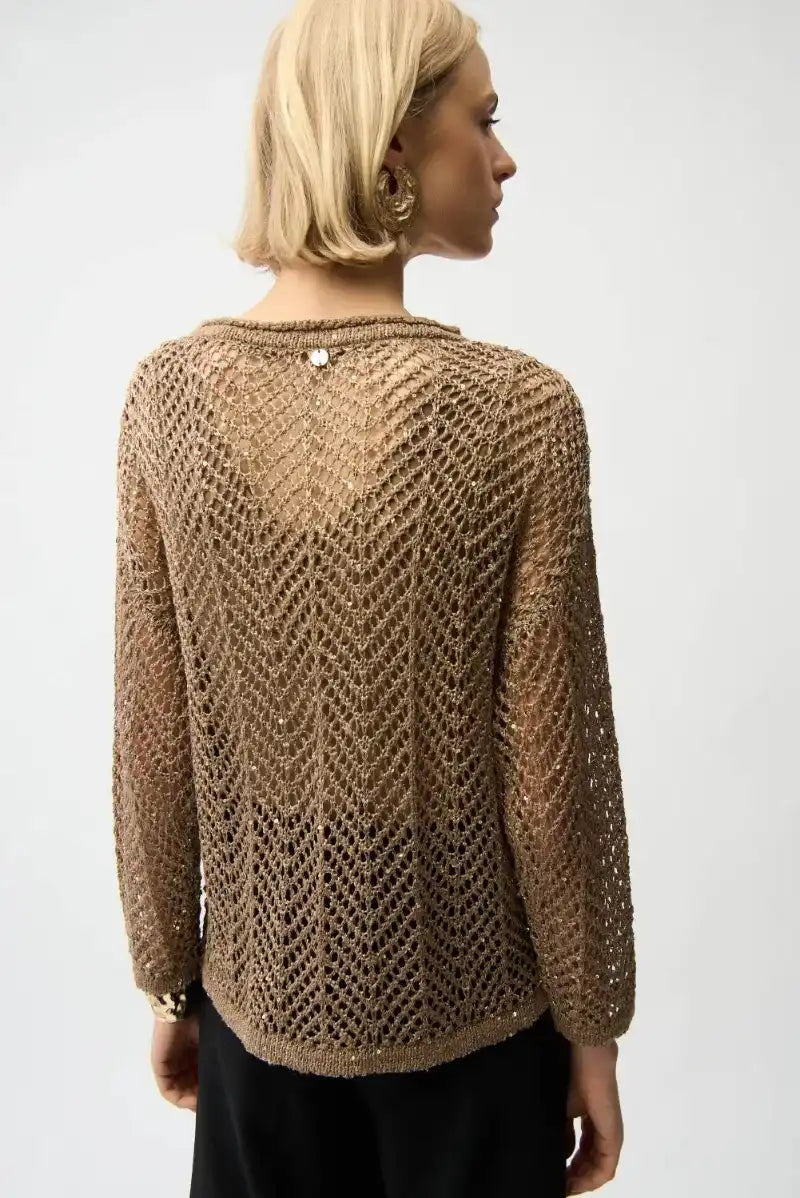 Woman wearing Joseph Ribkoff 261915 Sequins Yarn Chevron Print Long Sleeve Sweater in Tigers Eye