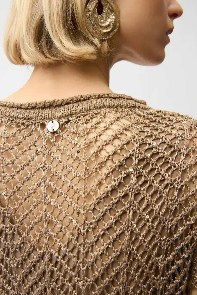 Woman wearing Joseph Ribkoff 261915 Sequins Yarn Chevron Print Long Sleeve Sweater in Tigers Eye