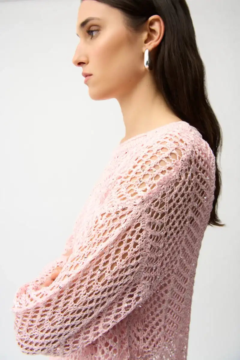 Woman wearing Joseph Ribkoff 261915 Sequins Yarn Chevron Print Long Sleeve Sweater in Petal Pink