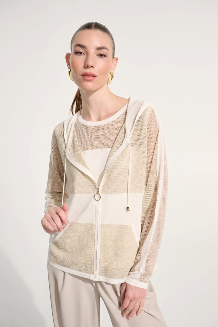 Soft Knit Straight Hooded Zip Jacket in Vanilla/Gold by Joseph Ribkoff in Vanilla/Gold / L