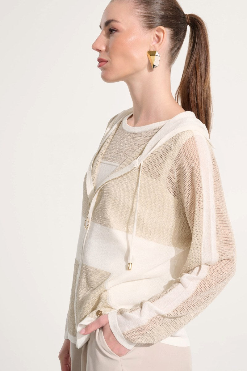 Woman wearing Joseph Ribkoff 262613 Soft Knit Hooded Zip Jacket detail in Vanilla/Gold