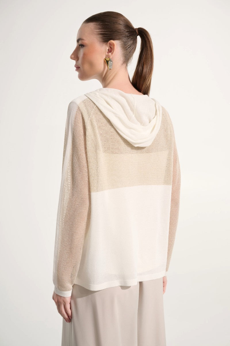 Woman wearing Joseph Ribkoff 262613 Soft Knit Hooded Zip Jacket in Vanilla/Gold back view