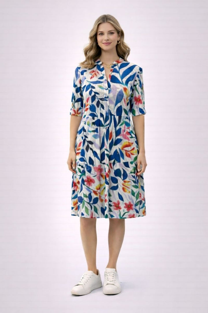 Woman wearing mandarin collar button through dress by Dress Addict JULY-5AK-5B front view