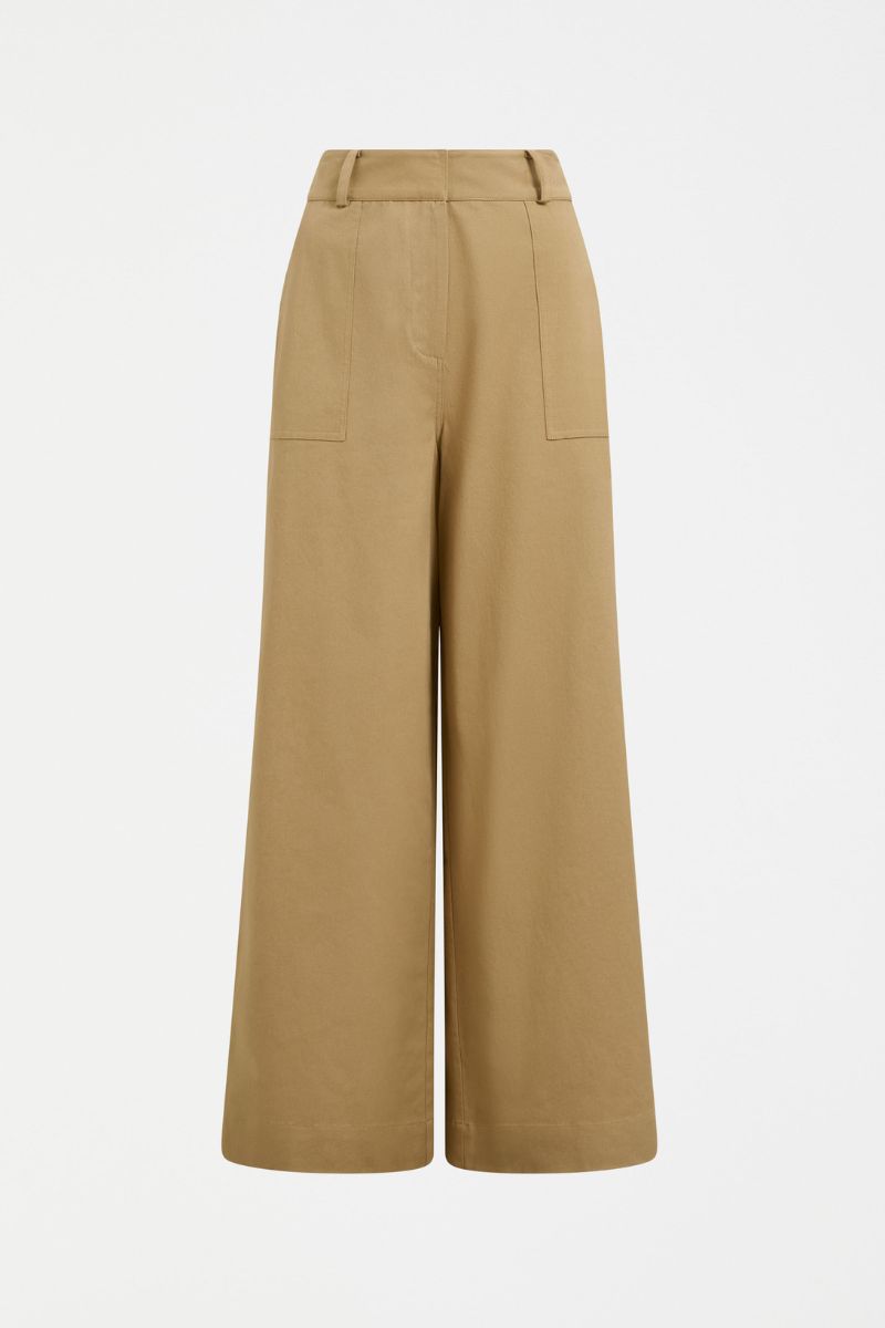 Tan wide-leg pants on a light beige background