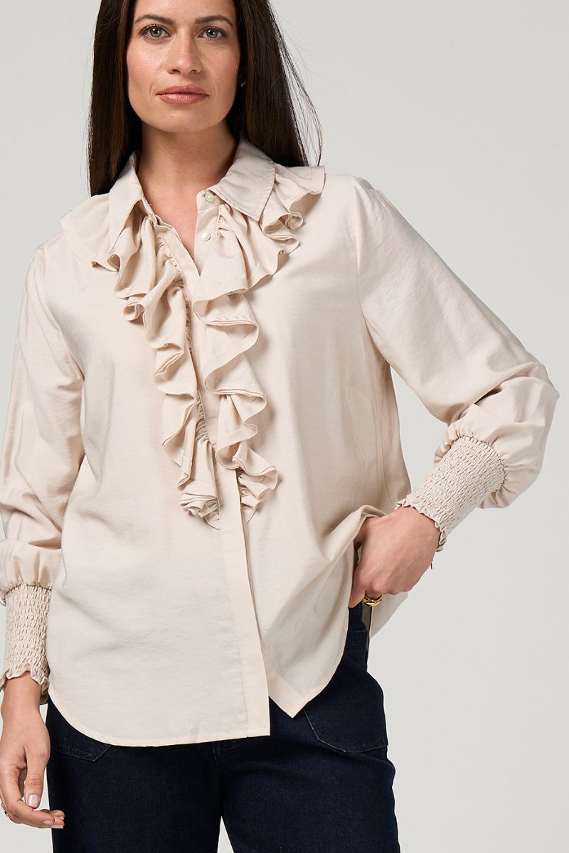 Woman wearing Bijou Shirt in Silk White by Loobie’s Story LS3270 front view