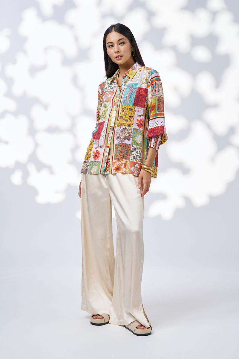 Woman wearing Loobies Story patterned shirt  LS3101 Vana Shirt front view