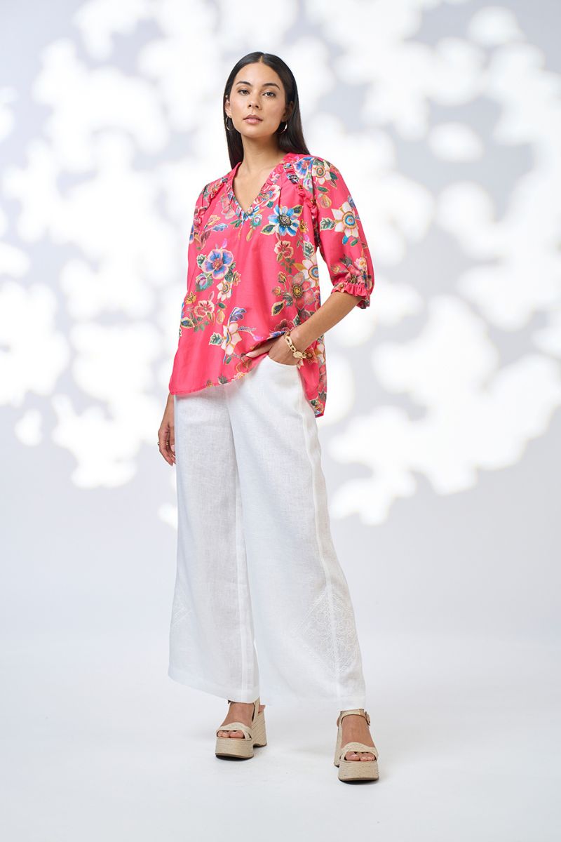 Woman wearing Loobies Story LS3113Z Zinnia Top Rouge Multi front view