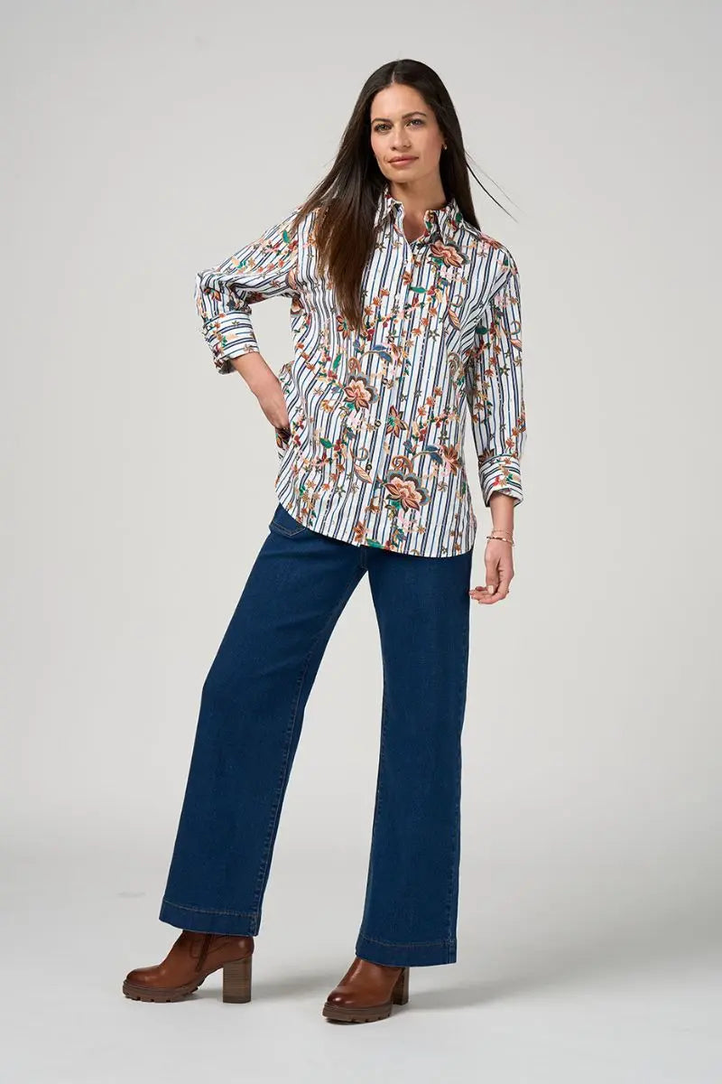 Woman wearing Louis Shirt in White Multi by Loobie’s Story LS3234 styled with denim