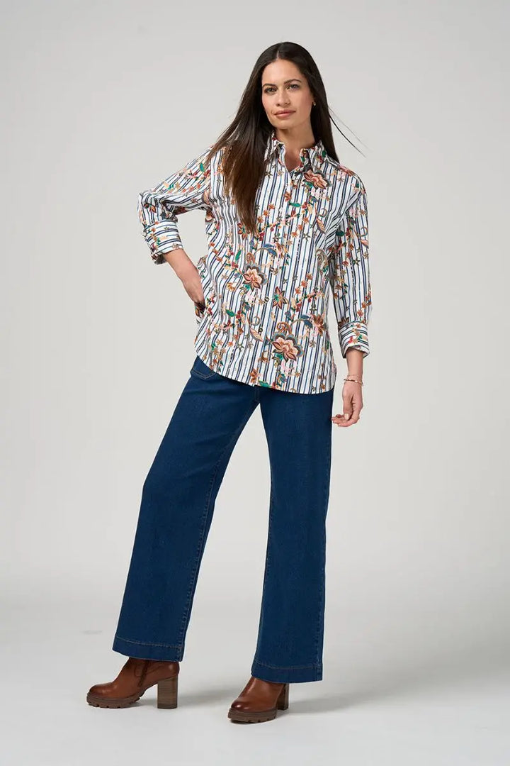 Woman wearing Louis Shirt in White Multi by Loobie’s Story LS3234 styled with denim