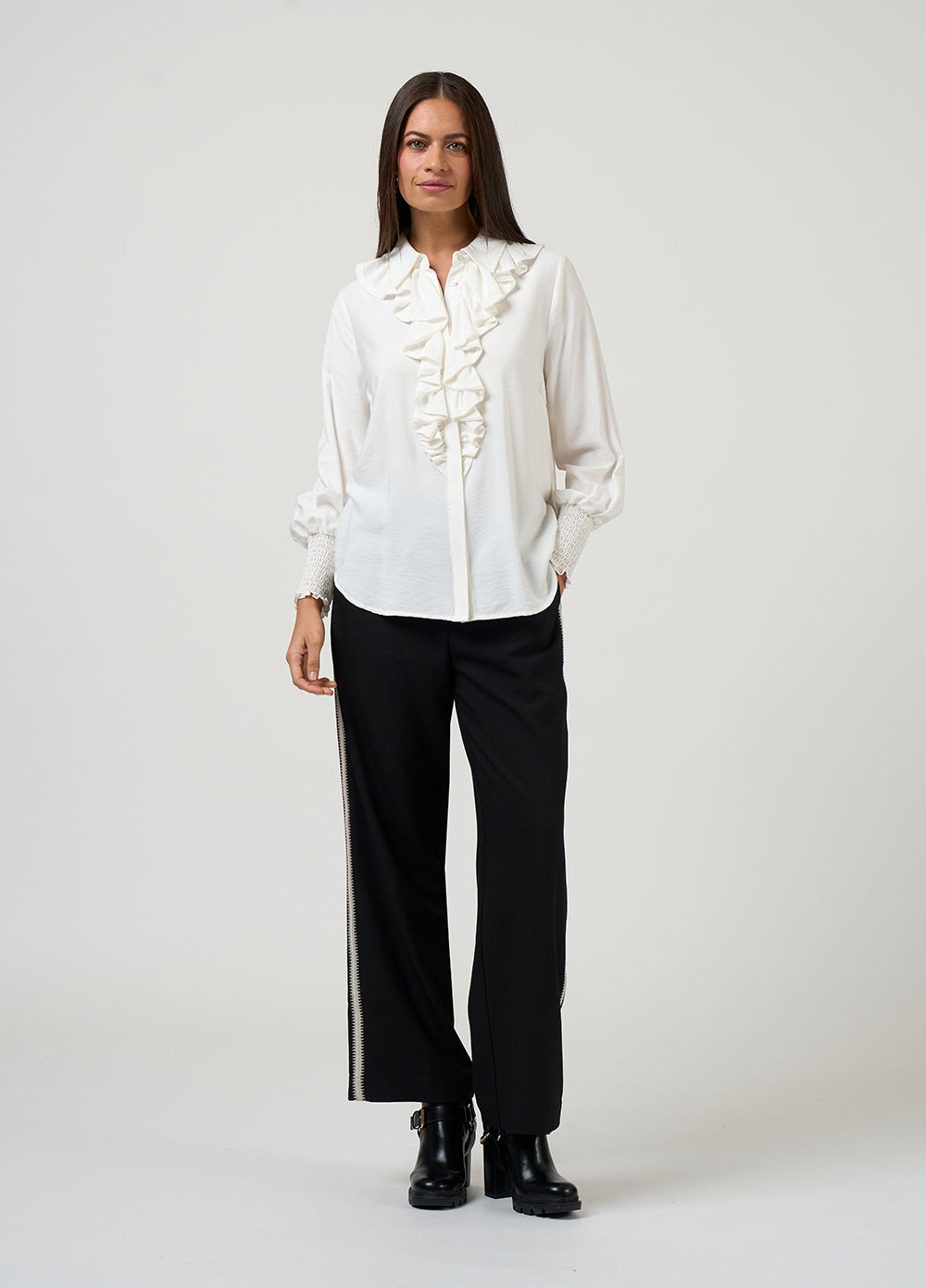 Woman wearing Bijou Shirt in Silk White by Loobie’s Story LS3270 ruffle detail