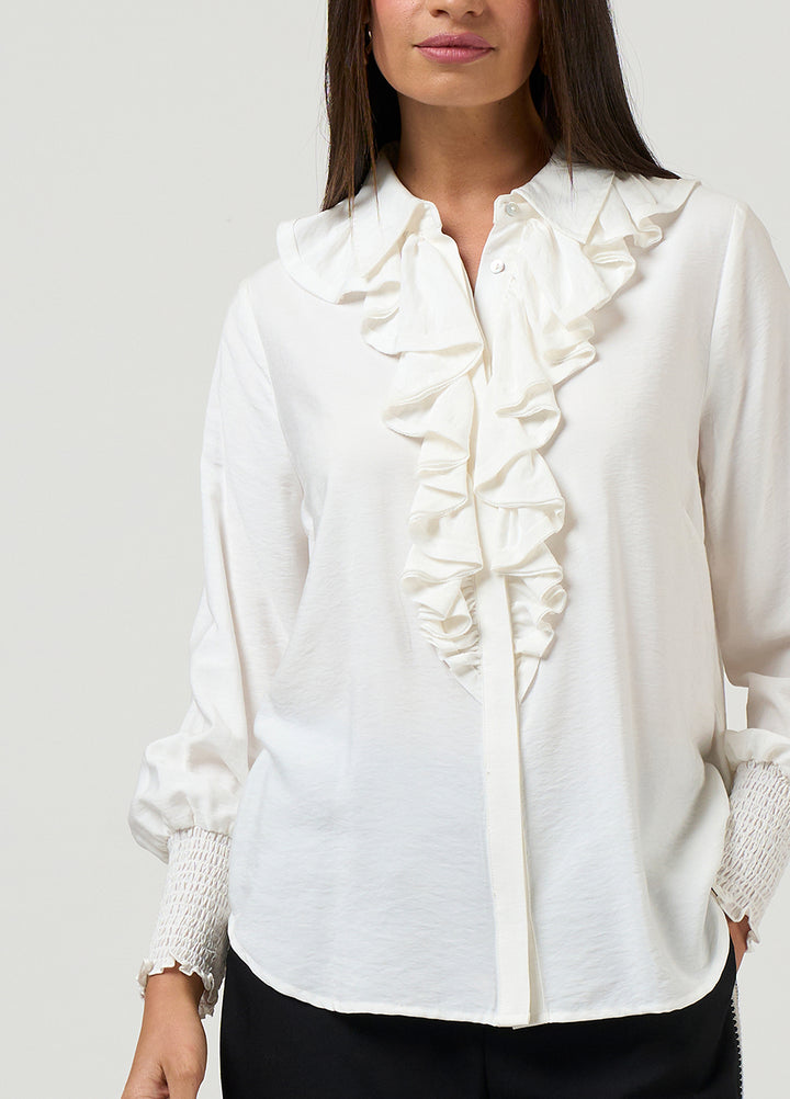 Woman wearing Bijou Shirt in Silk White by Loobie’s Story LS3270 front view