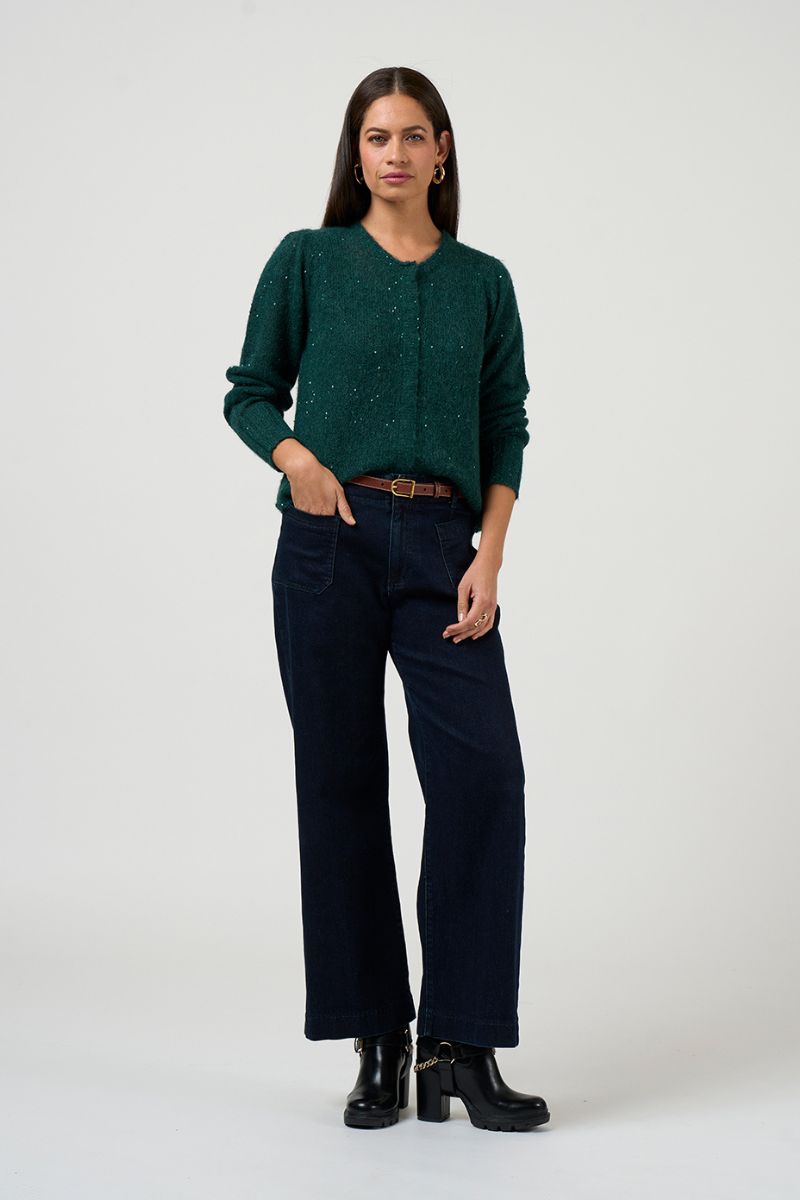 Woman wearing Ritzy Cardi in Evergreen by Loobie’s Story LSK2612 front view