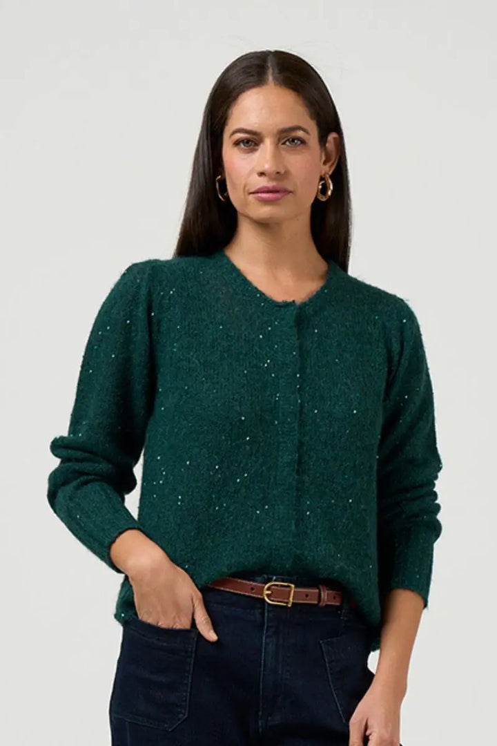 Woman wearing Ritzy Cardi in Evergreen by Loobie’s Story LSK2612 sequin detail
