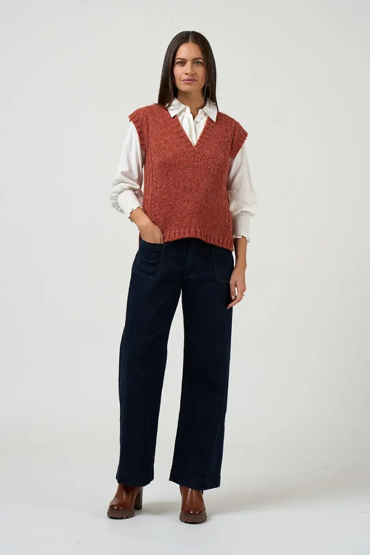 Woman wearing Tilly Vest in Redwood by Loobie’s Story LSK2616 layered over shirt