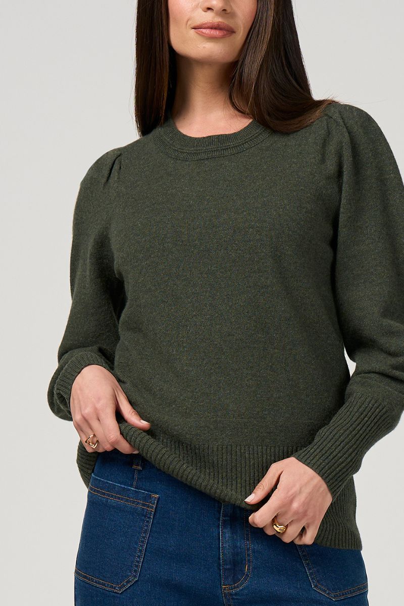 Woman wearing Odette Sweater in Olive by Loobie’s Story LSK2622 shoulder tuck detail