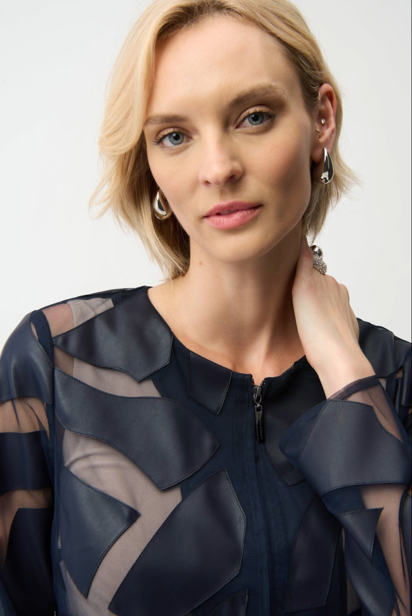 Laser Cut Leatherette Giraffe Print Fitted Jacket in Midnight Blue 261906 by Joseph Ribkoff