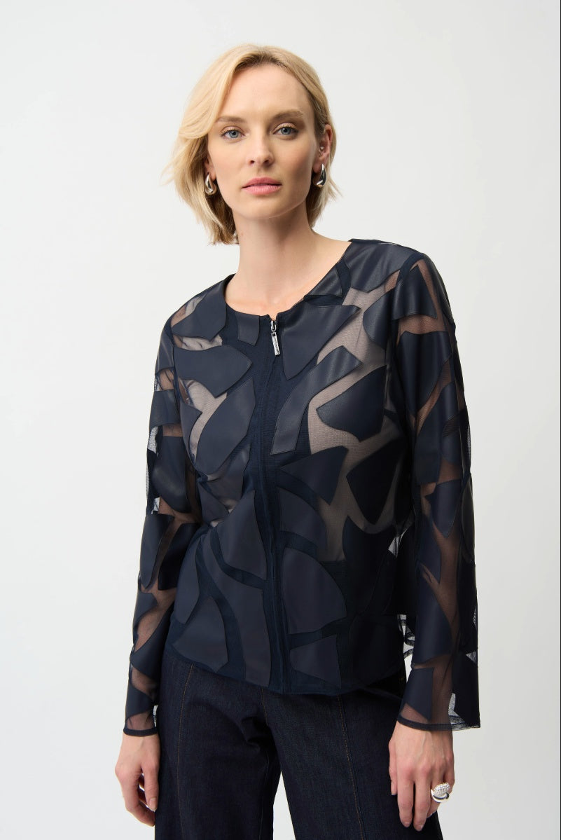Laser Cut Leatherette Giraffe Print Fitted Jacket in Midnight Blue 261906 by Joseph Ribkoff
