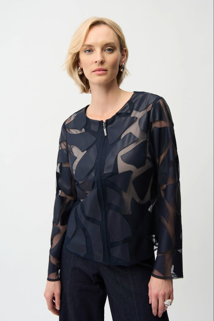 Laser Cut Leatherette Giraffe Print Fitted Jacket in Midnight Blue 261906 by Joseph Ribkoff in Midnight Blue / S