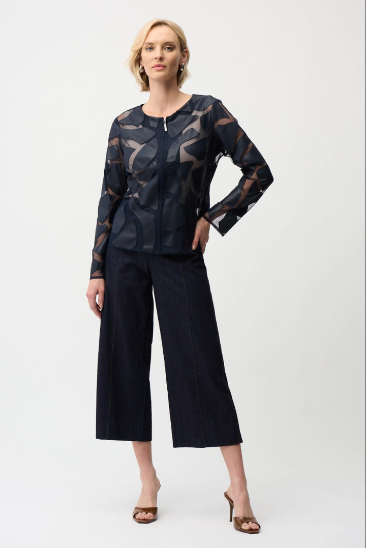 Laser Cut Leatherette Giraffe Print Fitted Jacket in Midnight Blue 261906 by Joseph Ribkoff in Midnight Blue / S
