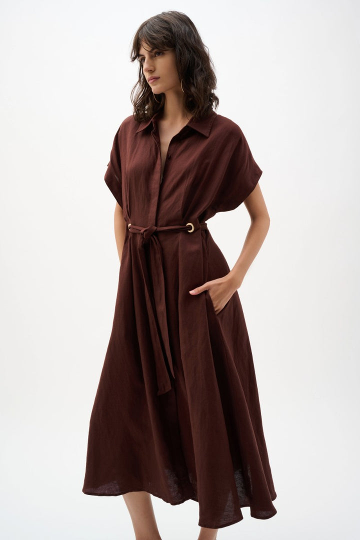 Linen Blend Fit and Flare Shirt Dress in Mahogany by Joseph Ribkoff in Mahogany / S