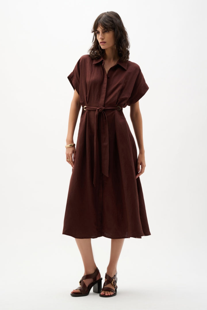Linen Blend Fit and Flare Shirt Dress in Mahogany by Joseph Ribkoff in Mahogany / S