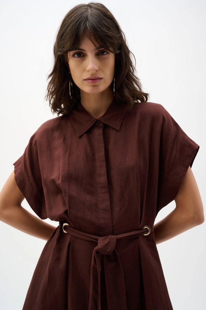 Linen Blend Fit and Flare Shirt Dress in Mahogany by Joseph Ribkoff in Mahogany / S