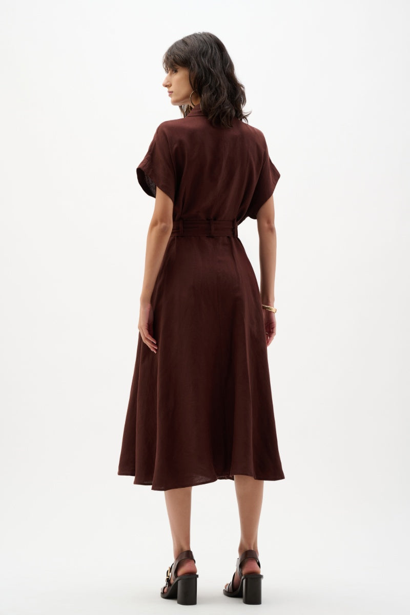 Woman wearing Joseph Ribkoff 262907 Linen Blend Fit and Flare Shirt Dress in Mahogany back view