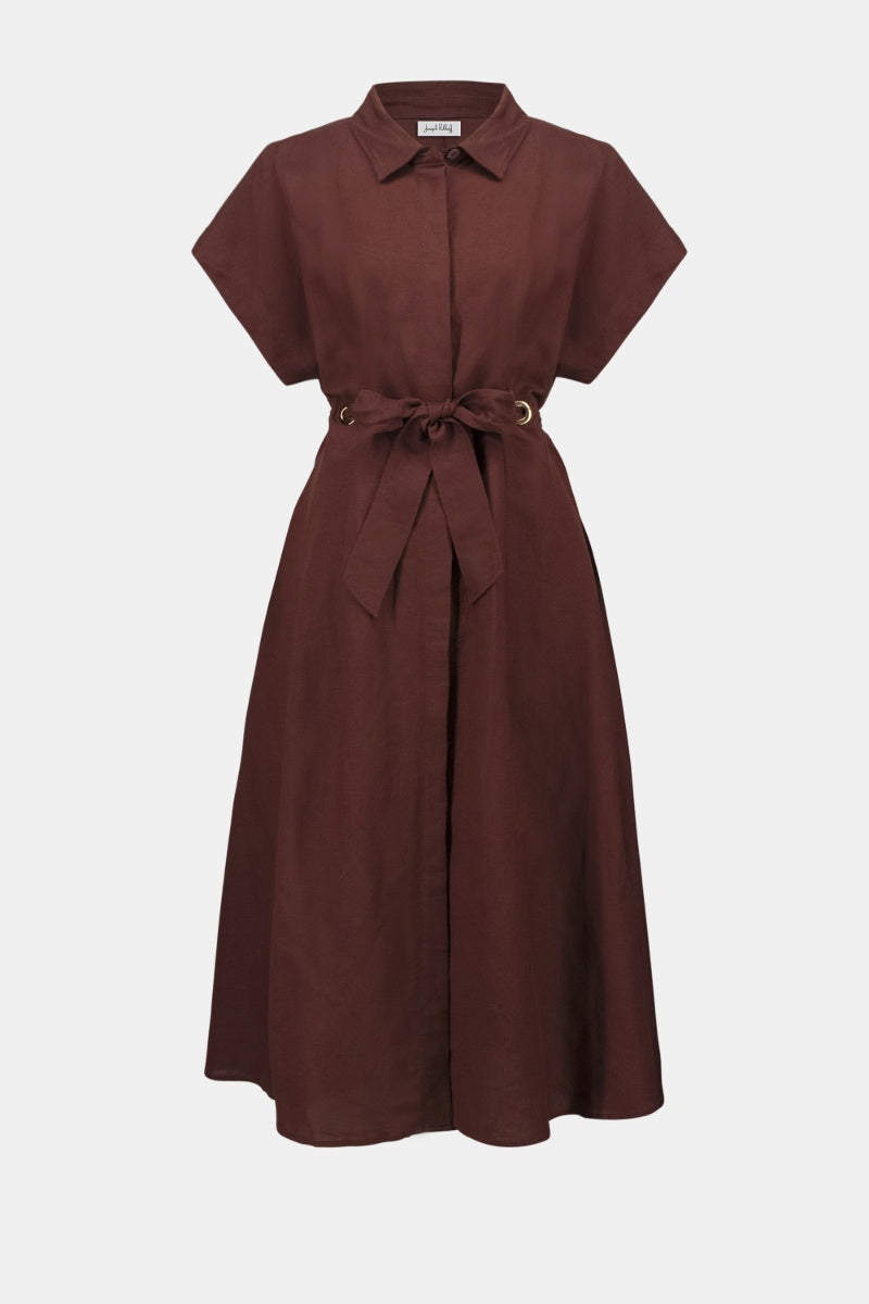 Joseph Ribkoff 262907 Linen Blend Fit and Flare Shirt Dress in Mahogany